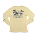 a women's long - sleeved shirt with a graphic of a sunset and