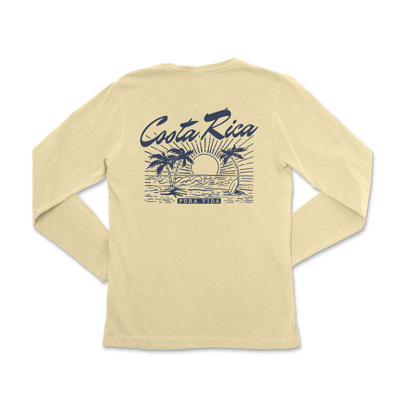 a women's long sleeve shirt with a sunset and palm trees