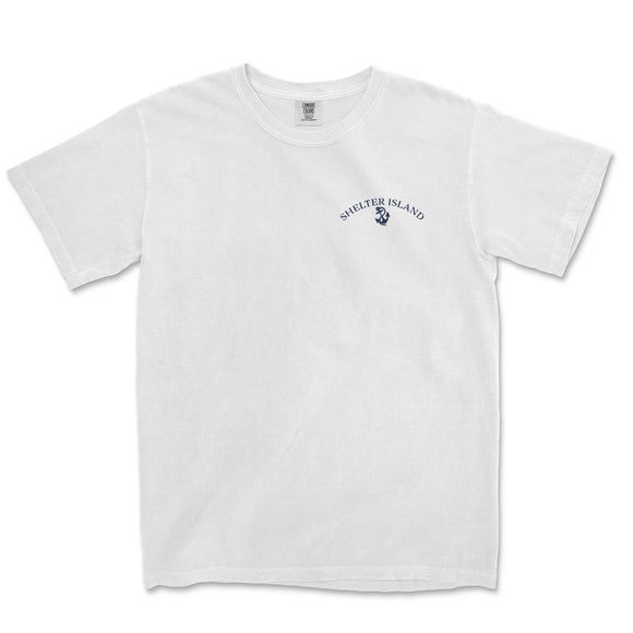 a white t - shirt with a blue and white logo