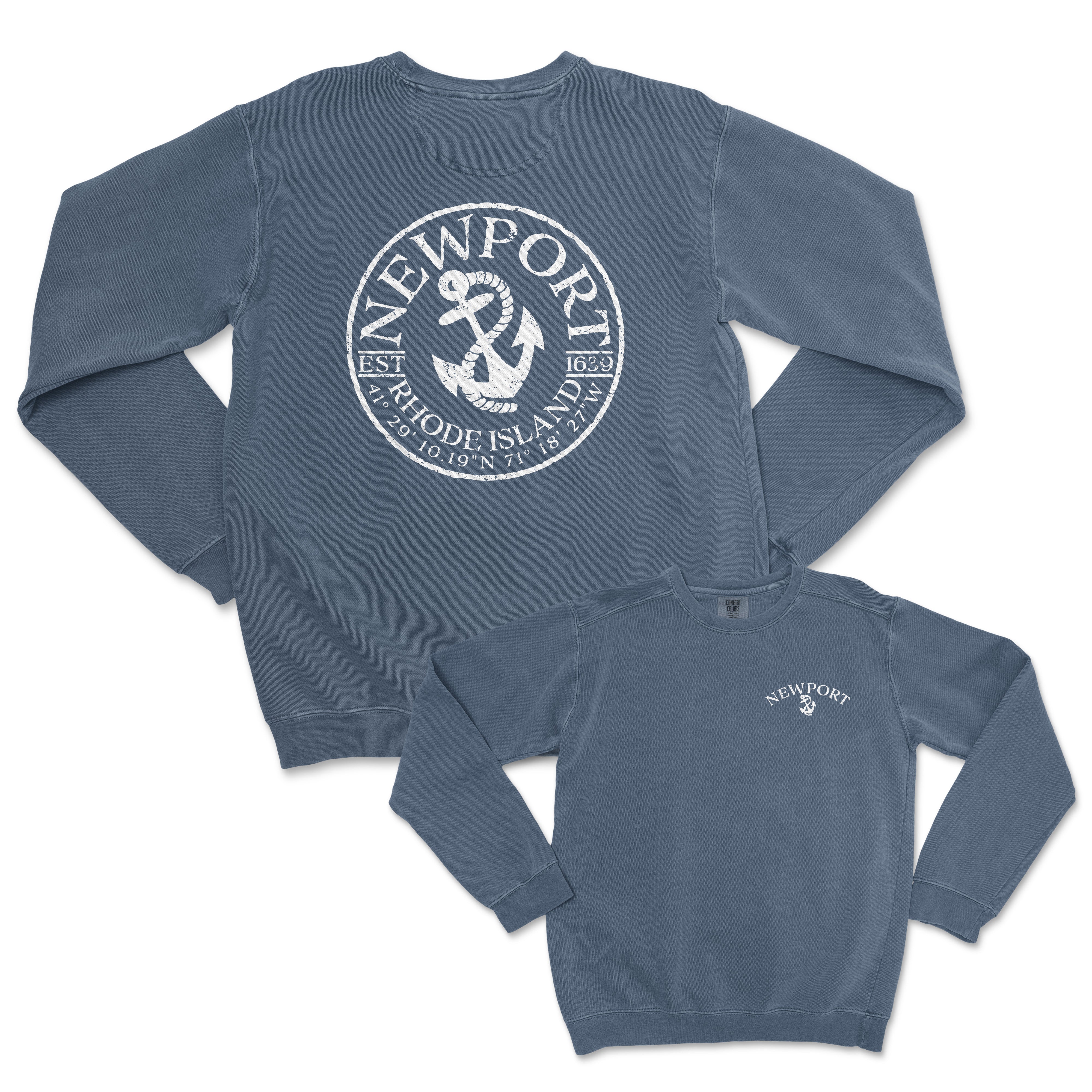 a blue sweatshirt with an anchor and ship logo on it