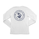 a white shirt with a blue and white logo