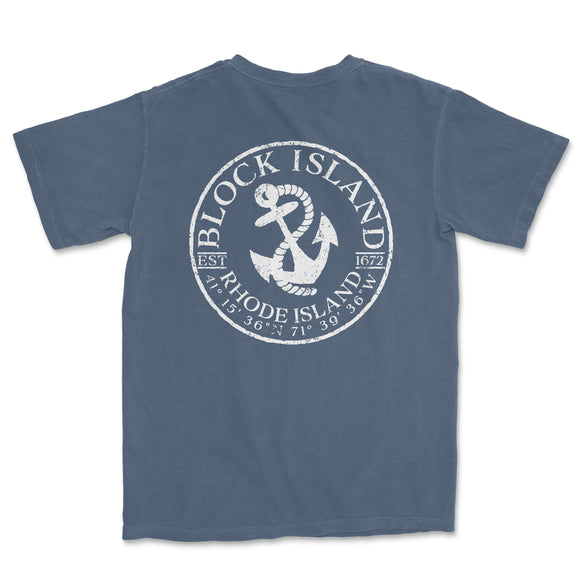 a blue t - shirt with an anchor and the words block island on it