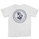 a white t - shirt with an anchor and a blue circle