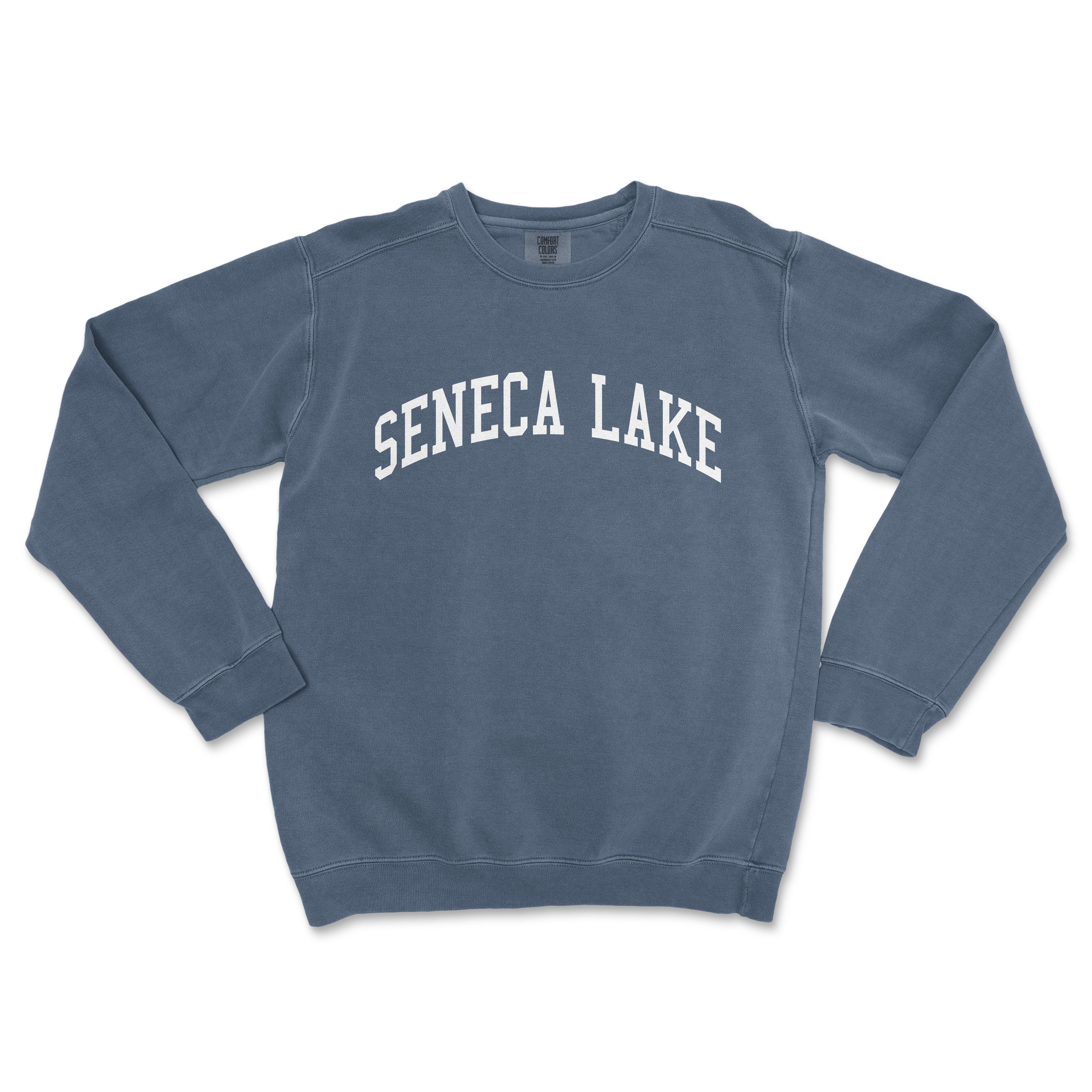 a blue sweatshirt with the word semeca lake printed on it