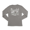 the back of a gray long - sleeved shirt with the words hawaii on it