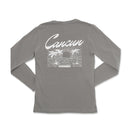 the back of a gray long - sleeved shirt with the words, cancu
