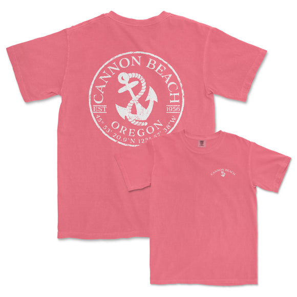 a pink t - shirt with an anchor and the words cannon beach on it