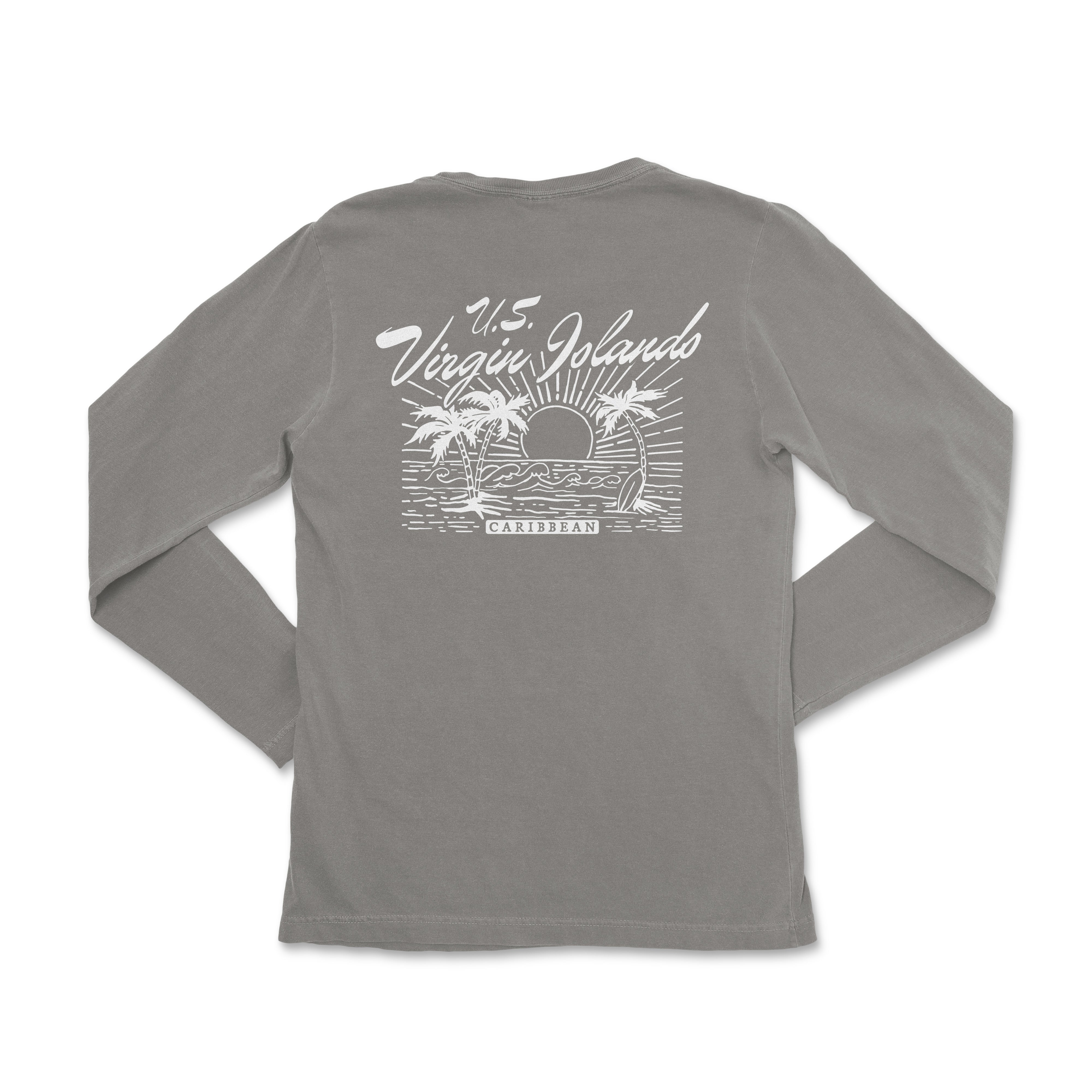 the back of a gray long - sleeved shirt with a picture of a beach