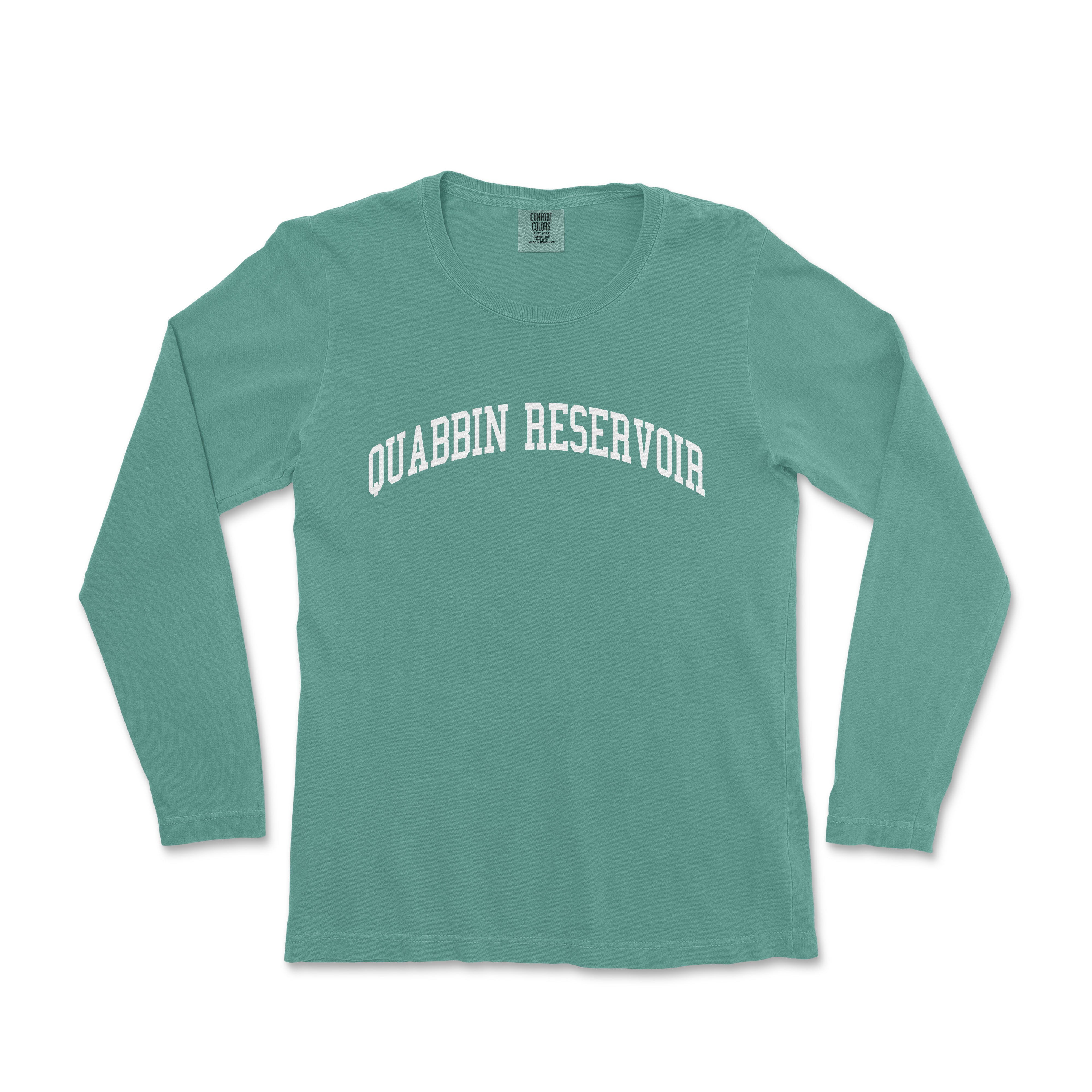 a women's long sleeve shirt with the word, quain reservoir in white