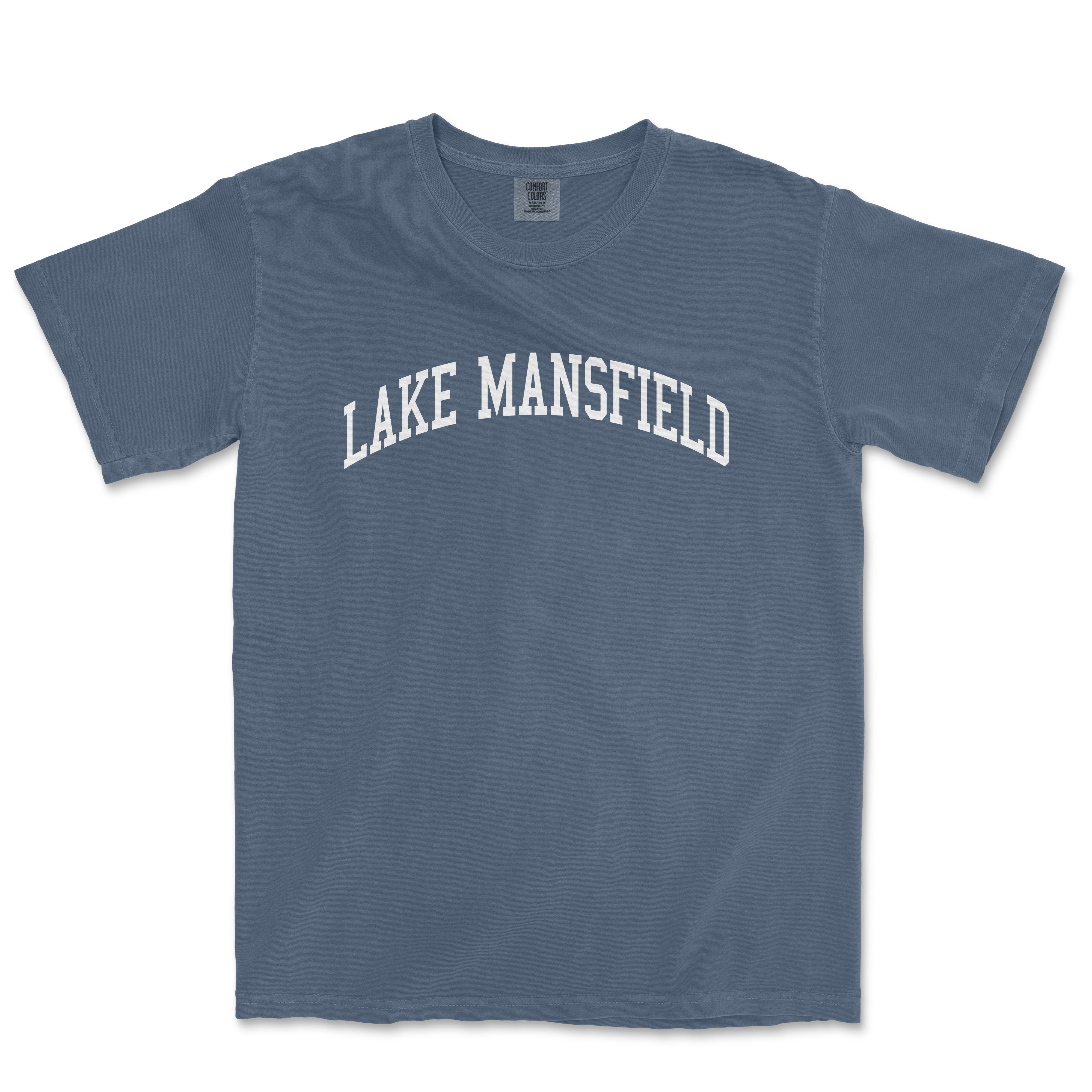 a blue t - shirt with the words lake mansfield on it