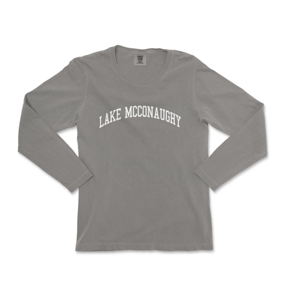a gray long sleeve shirt with the words lake mccnaughy printed on it