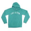 a green sweatshirt with the words lake g ston printed on it