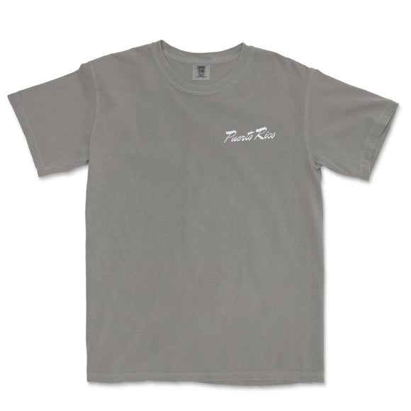 a gray t - shirt with a white logo on it