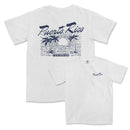 a white t - shirt with a picture of a sunset and palm trees