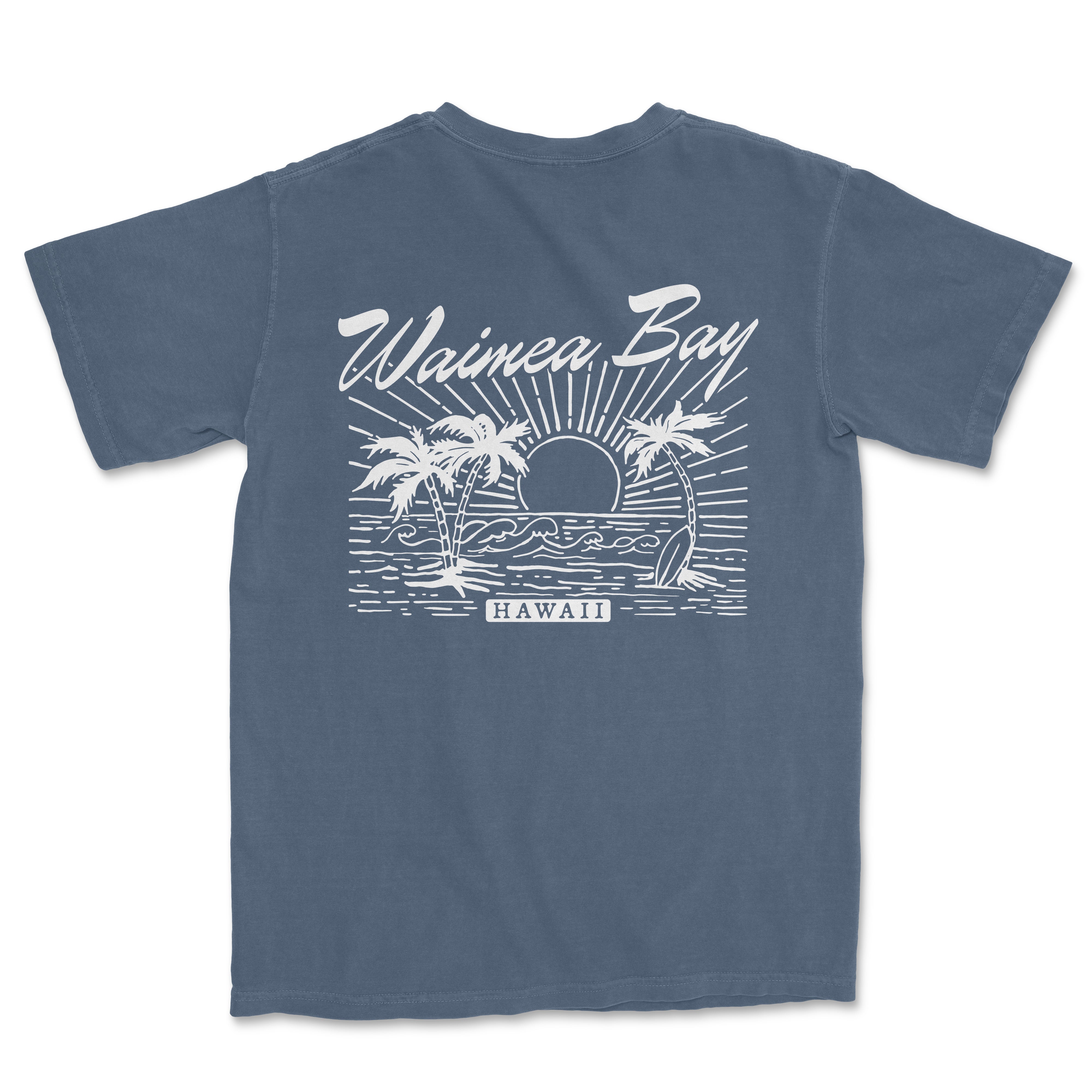 a blue t - shirt with a picture of a sunset and palm trees