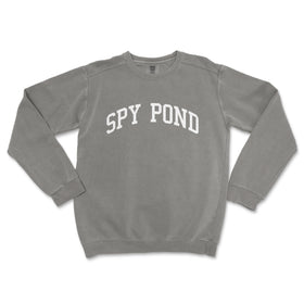 a grey sweatshirt with the word spy pond on it