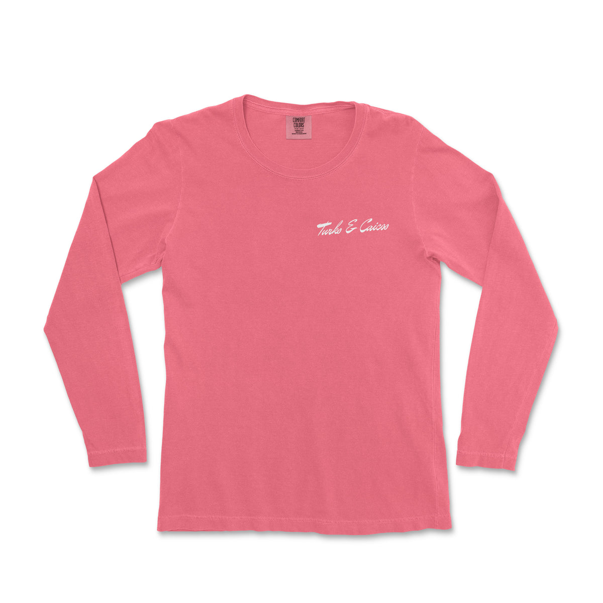 a women's pink long sleeve shirt with white writing on the chest
