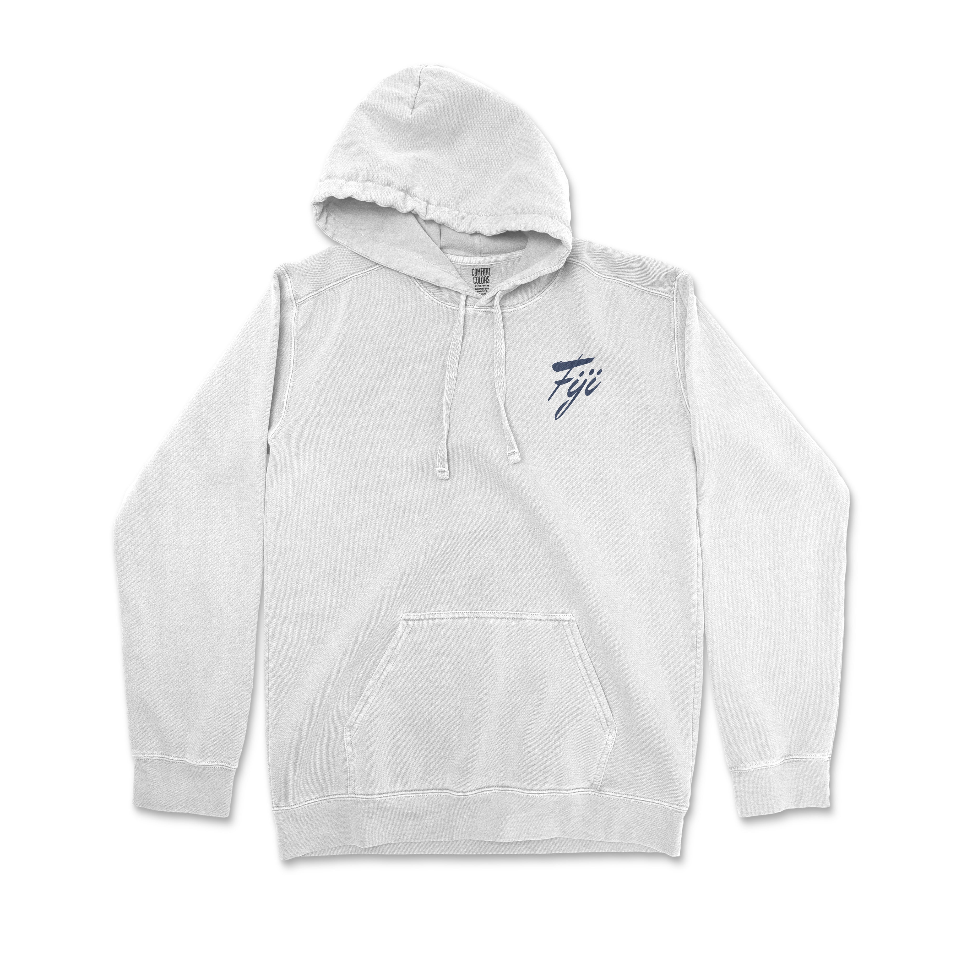a white hoodie with a blue embroidered logo