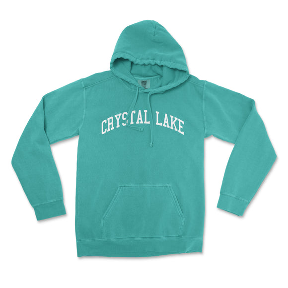 a green sweatshirt with the words crystal lake on it