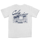 a white t - shirt with an image of a sunset and palm trees