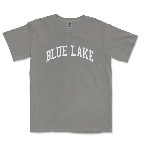a gray t - shirt with the word blue lake on it
