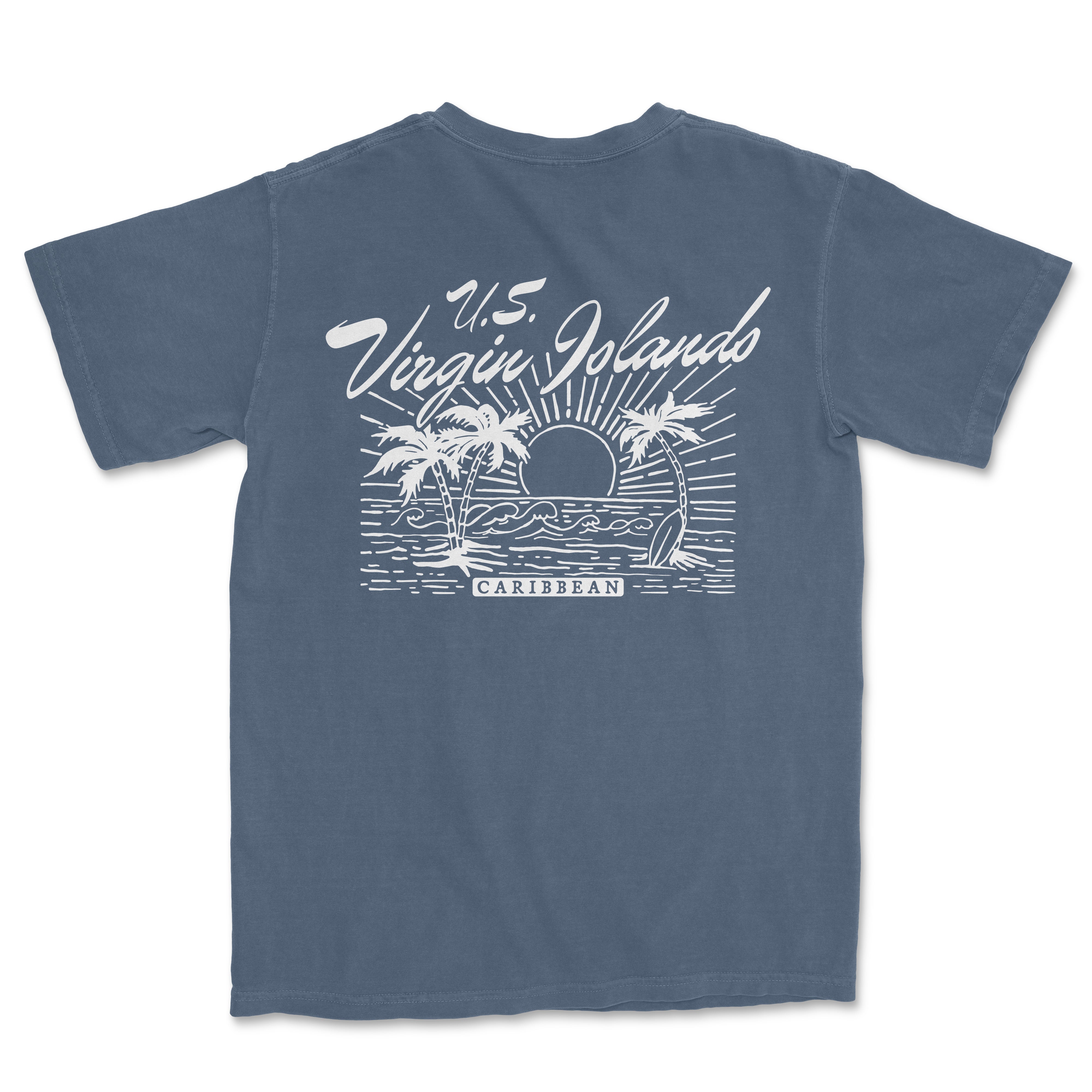 a blue t - shirt with a picture of a sunset and palm trees