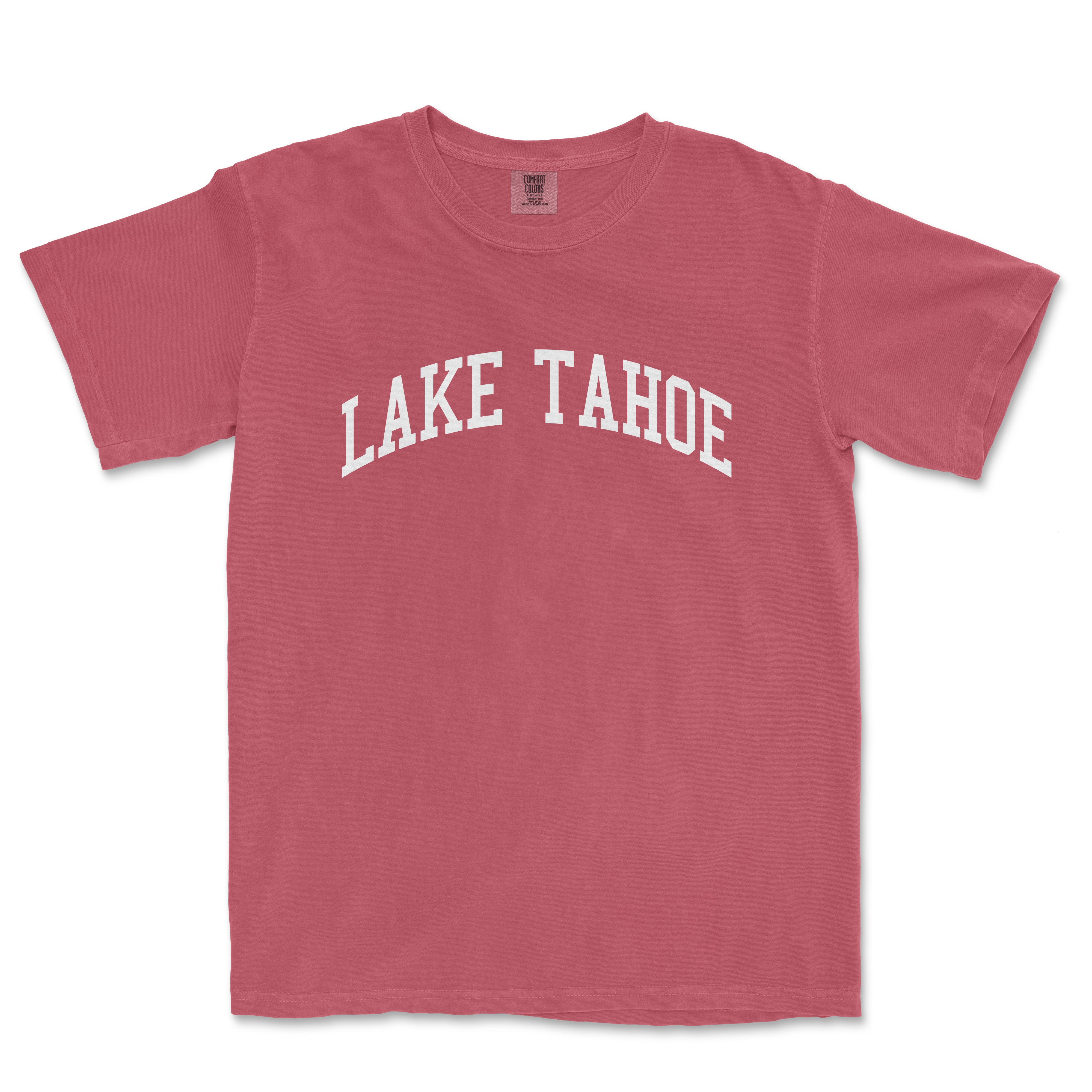 a red lake tahoe t - shirt with the word lake tahoe in white