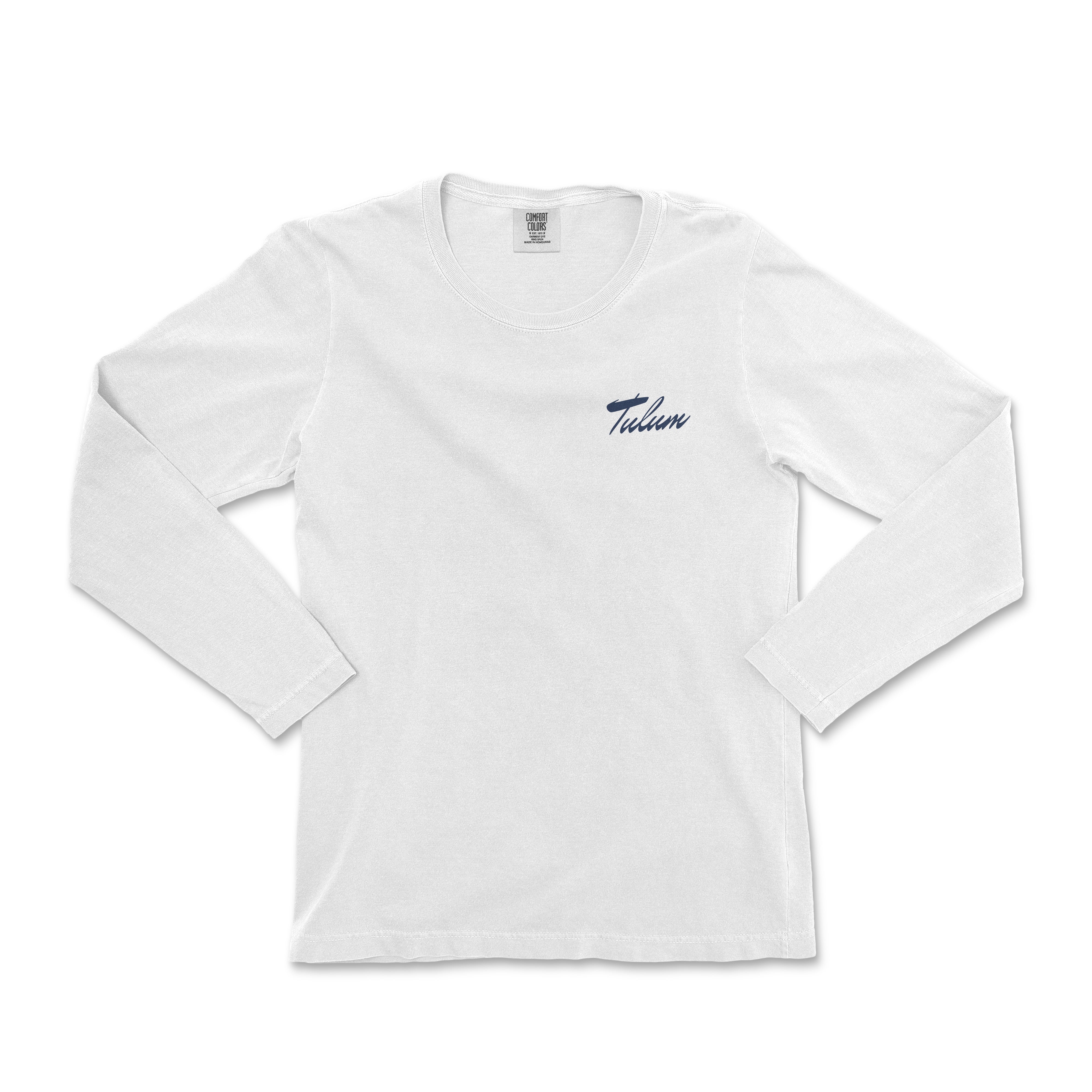 a white long - sleeved shirt with a blue logo on the chest